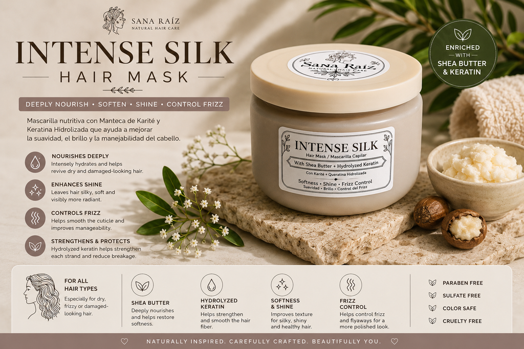Mascarilla capilar Intense Silk de Sana Raíz para suavidad, brillo, desenredo y control de frizz.