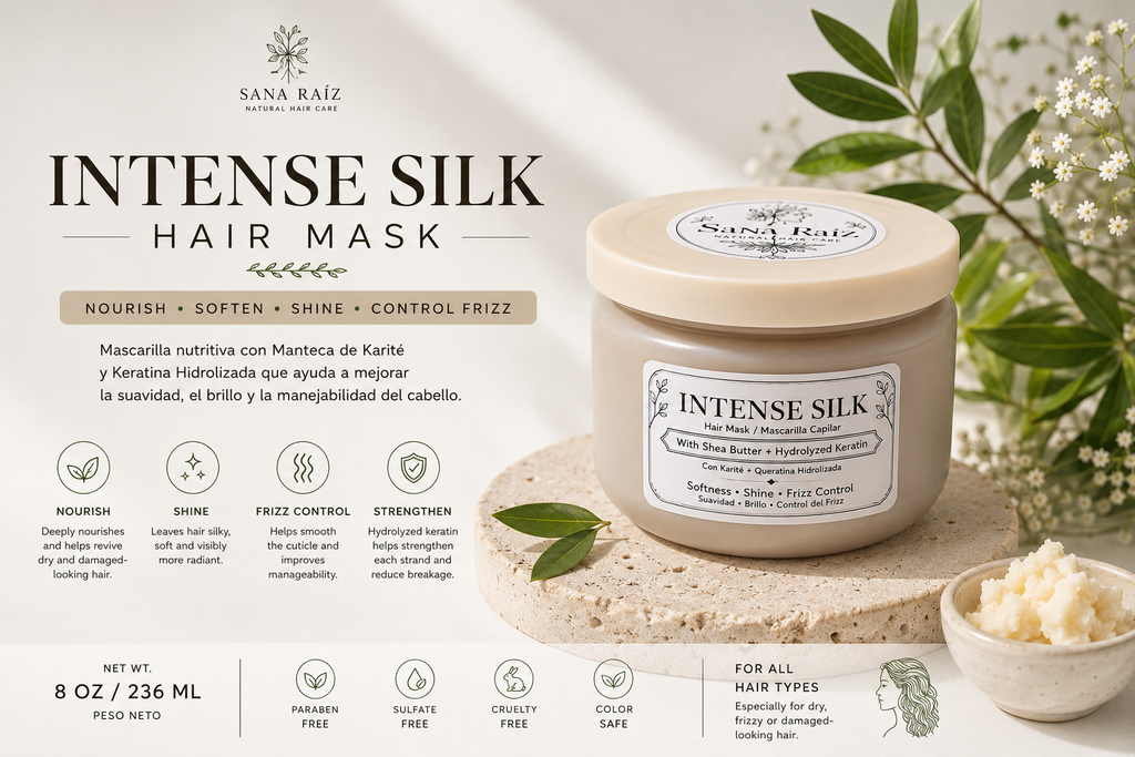 Sana Raíz Intense Silk mascarilla capilar nutritiva de 8 fl oz con manteca de karité, queratina hidrolizada y pantenol.