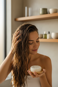 Modelo lavándose el cabello con shampoo en barra