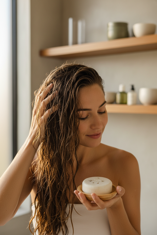 Modelo lavándose el cabello con shampoo en barra